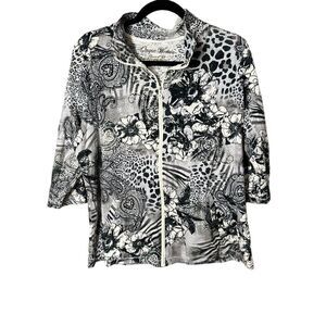 Onque Front Zip Jacket Black and White Floral Paisley Print Sz 1x